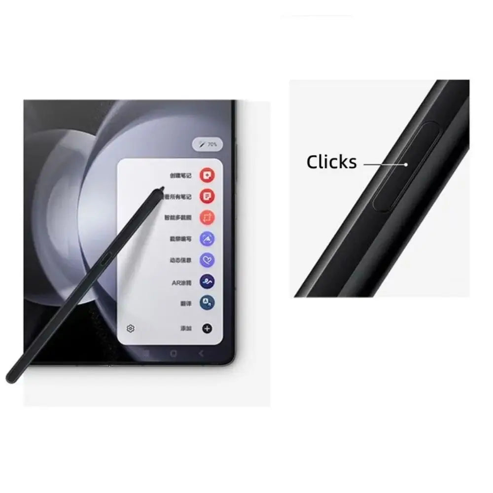Matte black stylus with side click button on Samsung Z Fold3 screen showing quick menu best stylus for Samsung Z Fold3