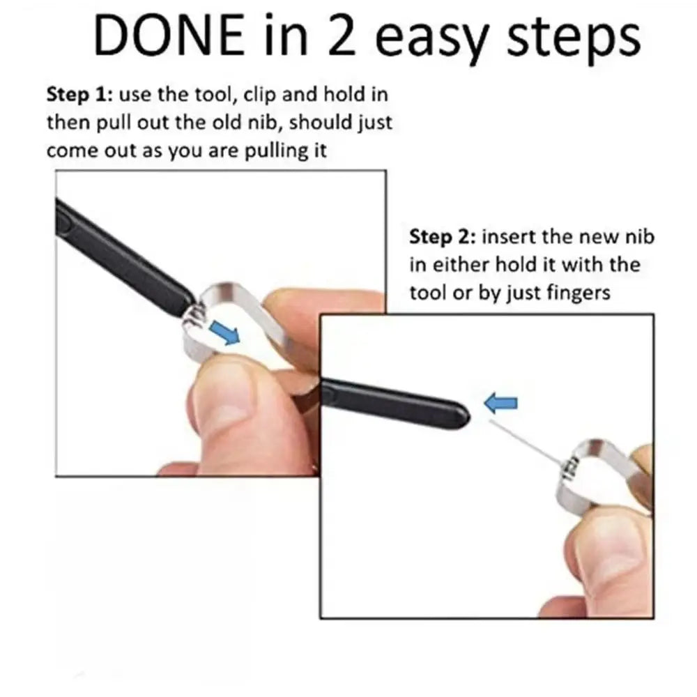 Stylus nib replacement tool instructional image showing two step process removing old nib and inserting new nib