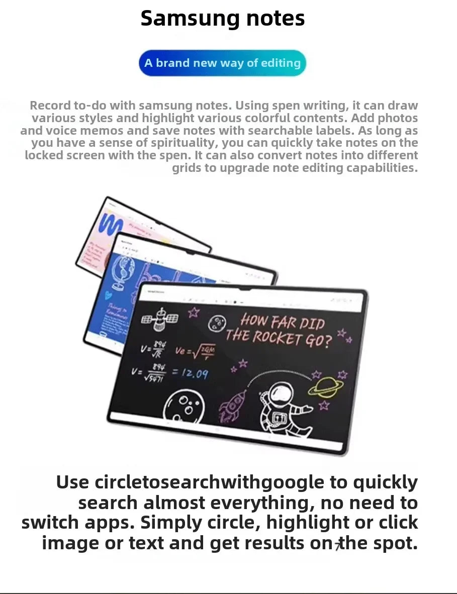 Samsung Galaxy Tab S10 screens showing notes and drawings using Galaxy Tab S10 Bluetooth stylus pen